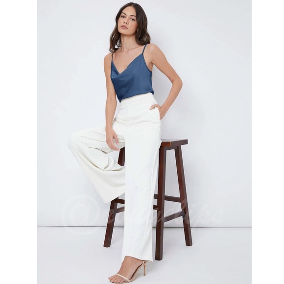 Blue Satin Glamorous Cowl Neck Spaghetti Straps Camisole Top Cami, Draped - Picture 7 of 9